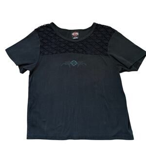 Harley-Davidson Women's XL Black Lace Yoke Embroidered T-Shirt Made in USA